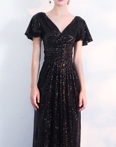 Women BLACK Sleeved High Waist Maxi Sequin Dress Plus Size Long Sequin Dresses image 5