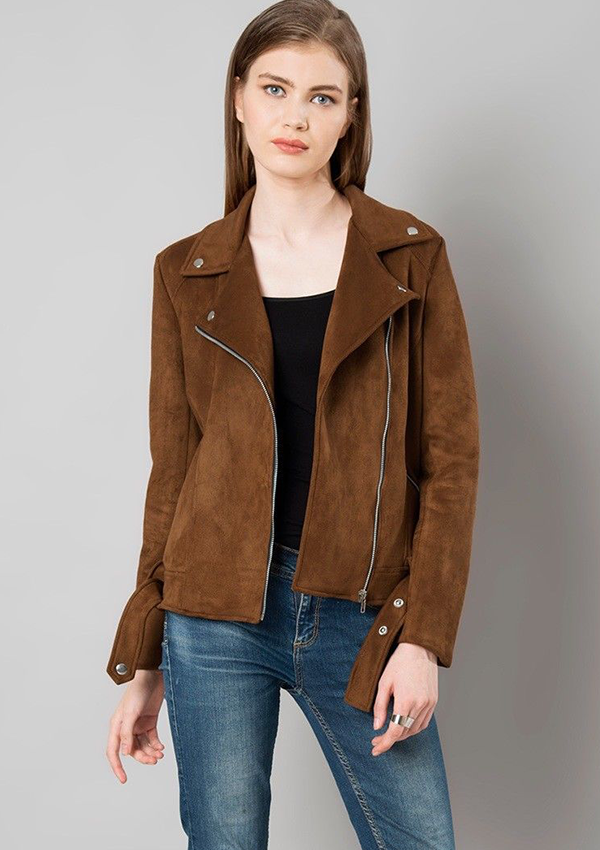 Women's Brown Soft Real Suede Leather Jacket Biker Motorcycle Racer ...
