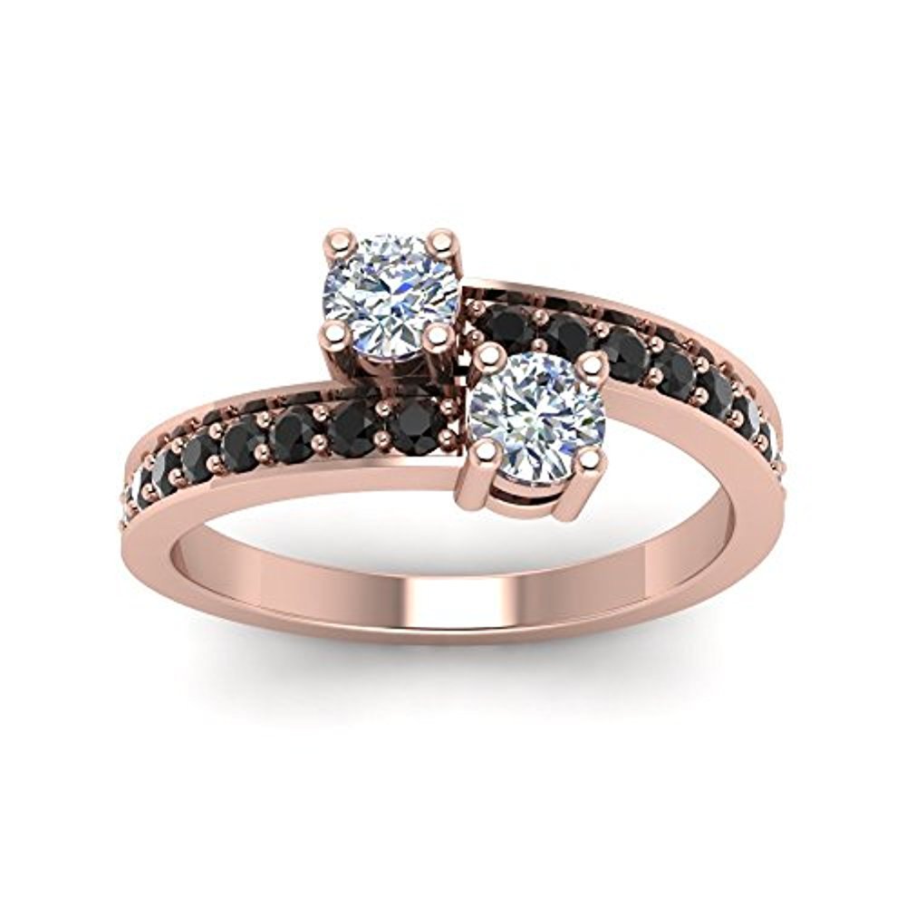 Two Stone Wedding Bypass Ring Round-Cut Black & CZ Dia 14K Rose Gold Over Silver