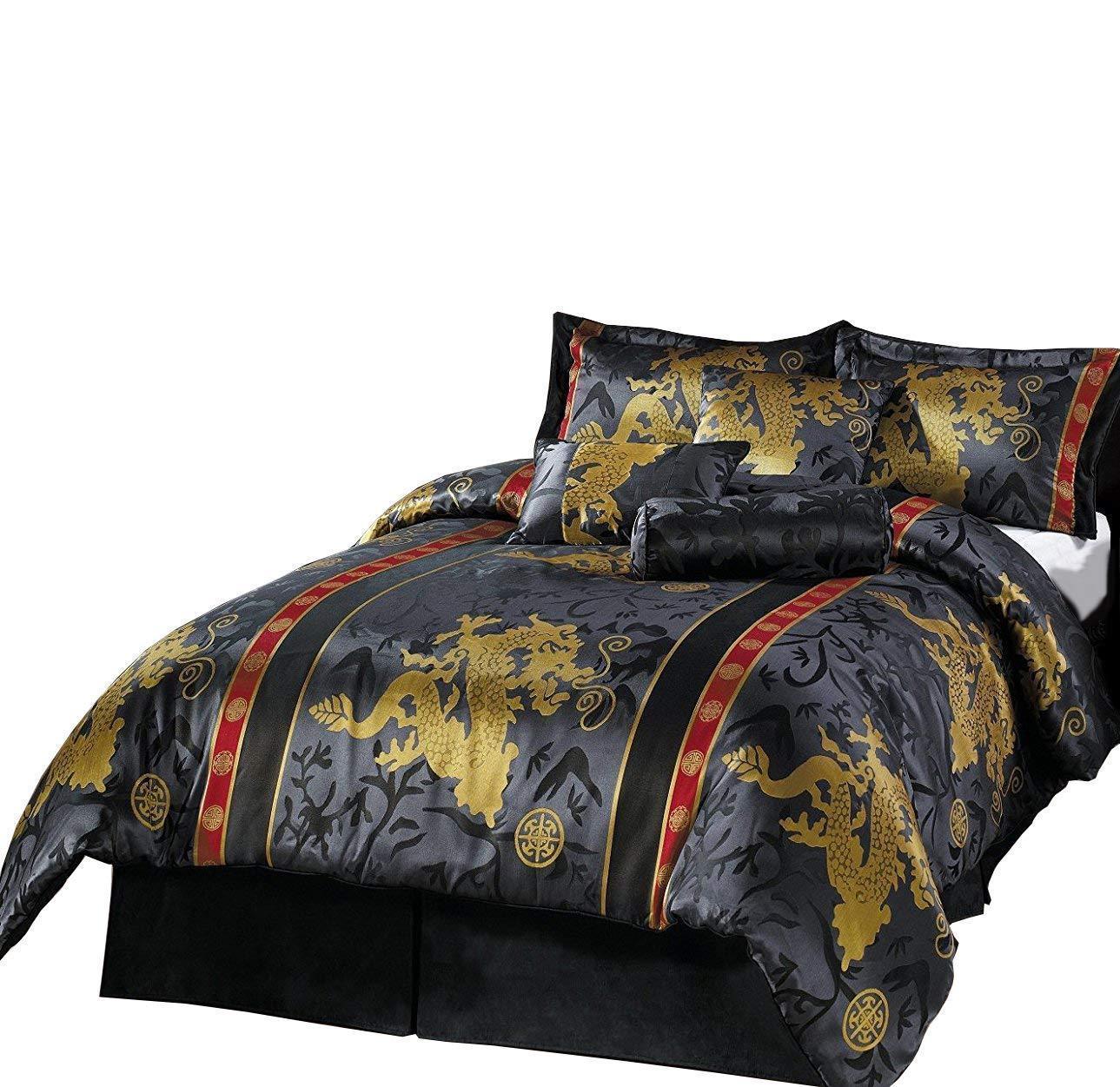 Queen Cal King Bed Black Red Gold Orient Asian Dragon Floral 7 pc