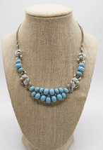 Vtg silver tone sky blue cabochons princess length necklace rhinestone accents - $24.99