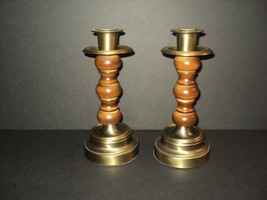 Taper Candle Holders Brass &amp; Wood 9 1/4&quot; Set of 2 Vintage Homco Home Int... - $29.09