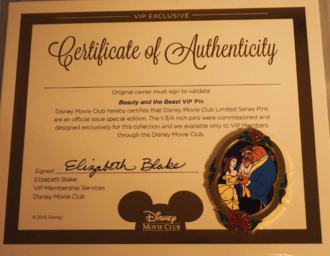 Beauty and the Beast VIP Disney Movie Club Pin & Certificate Of ...