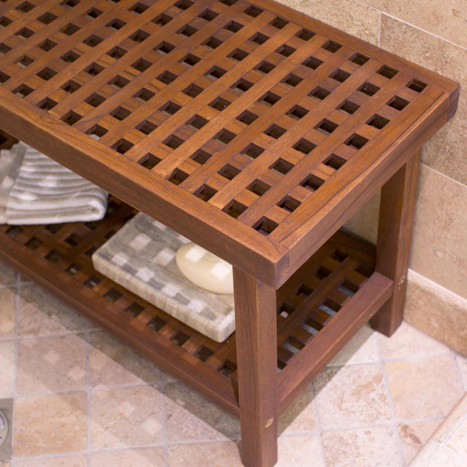 Solid Teak Wood Shower Bench With Storage Shelf Mildew Resistant ...