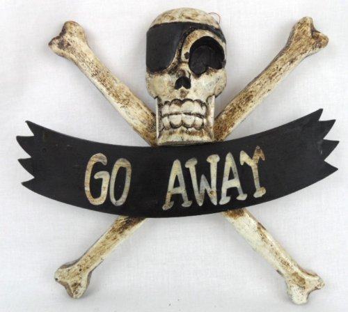 LG 12 inch Hand Carved Wood Pirate Skull Cross BoneGo Away Sign Plaque Wall Ar