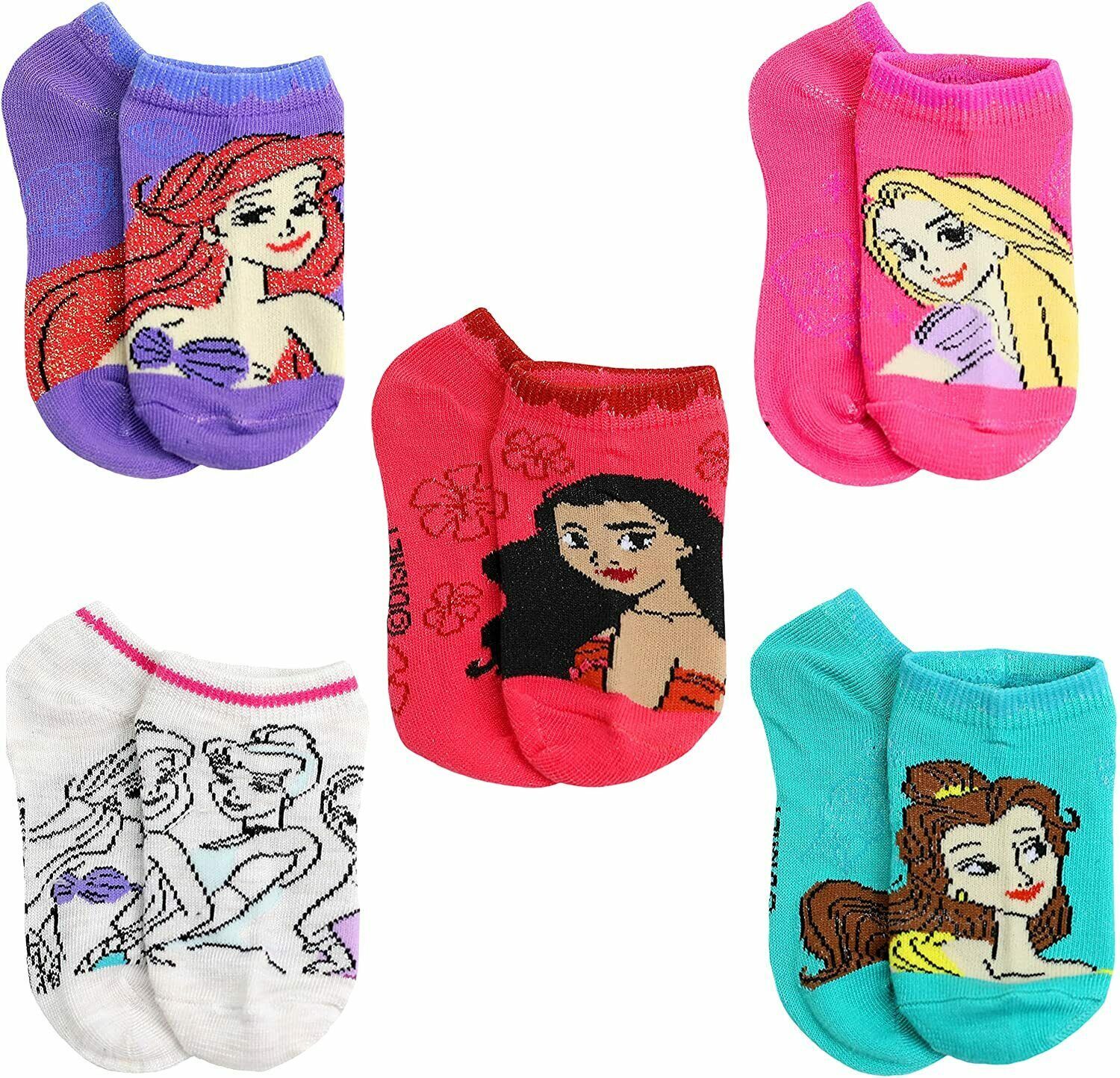 disney princess ariel, moana & belle 5 or 10-pack low cut no-show socks ages 5-9