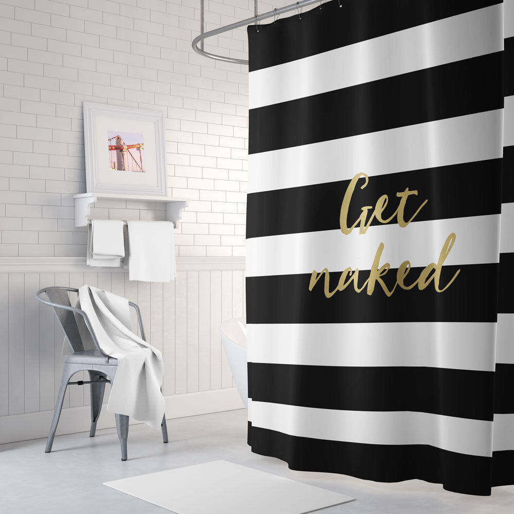 Black and gold striped shower curtain Get Naked Shower curtain Shower Curtains