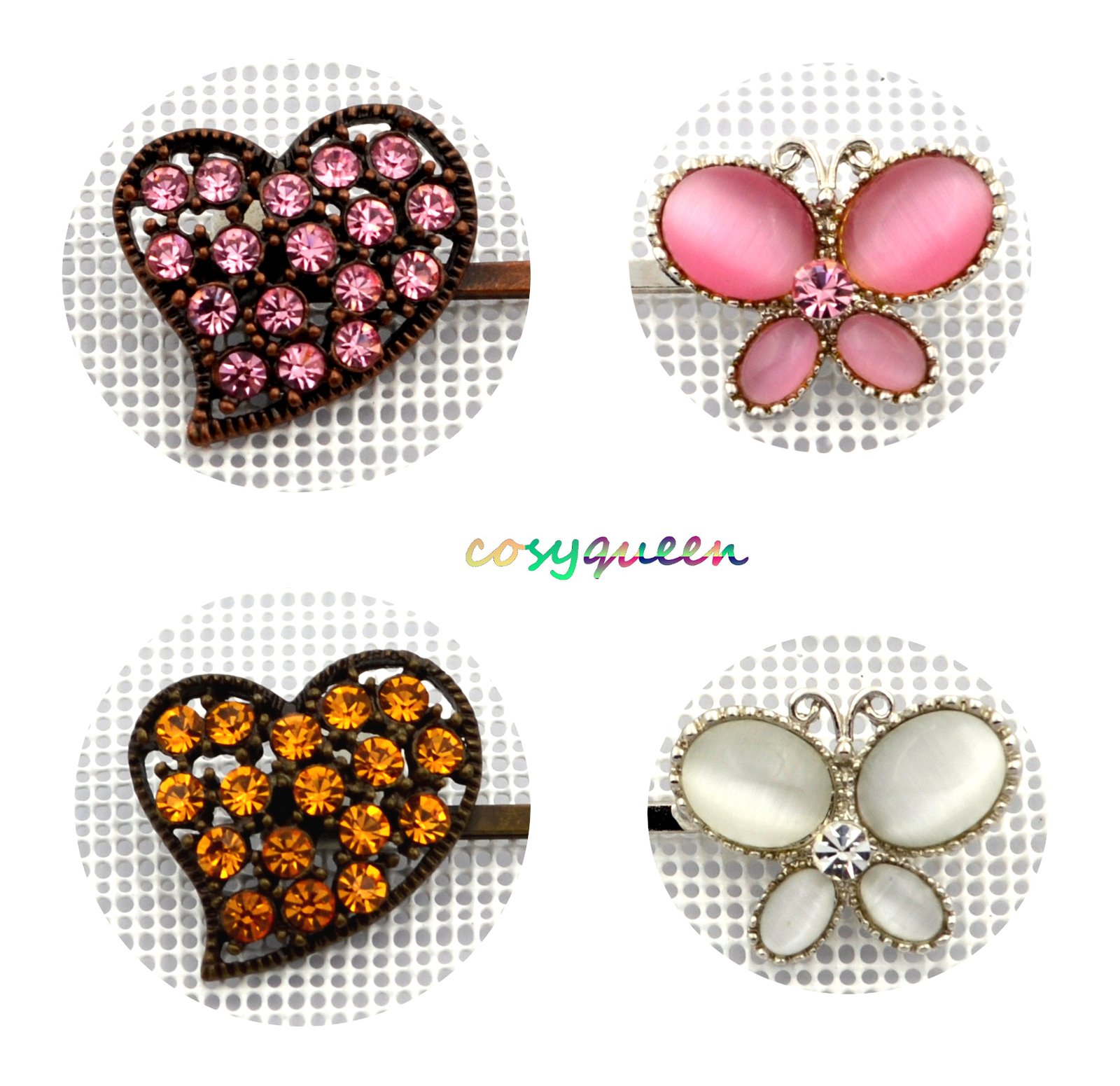 4 Pack Amber Pink White Butterfly Heart Swarovski Element Crystal Bobby Pins