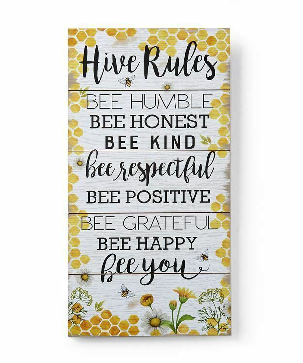 Primary image for Hive Rules Wood Wall Sign w Sentiment 23" Bee Theme Yellow & White Color Garden