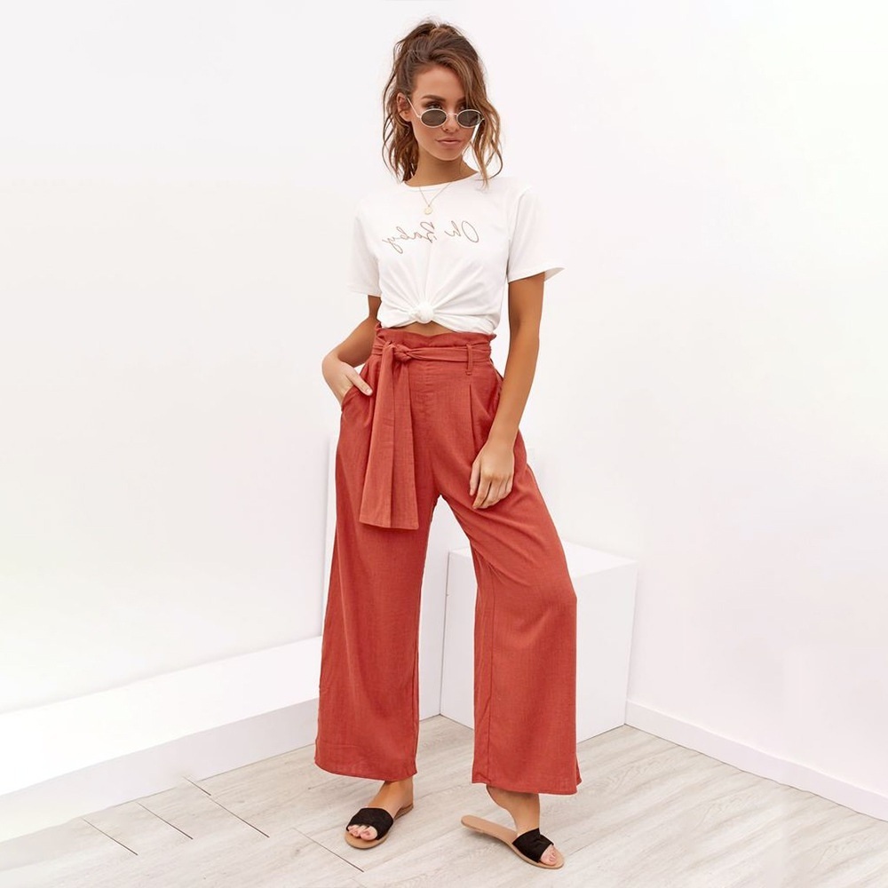 Orange high waisted wide leg long pants with pockets women culottes trousers