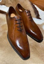 Handmade Men&#39;s Brown Leather Oxford Whole Cut Chiseled Toe Lace up Dress... - $128.69+