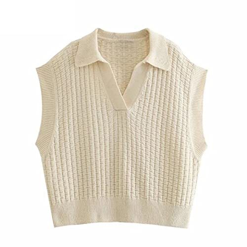 Turn Down Collar Check Plaid Solid Knitting Sweater Female Casual Loose Vest Chi