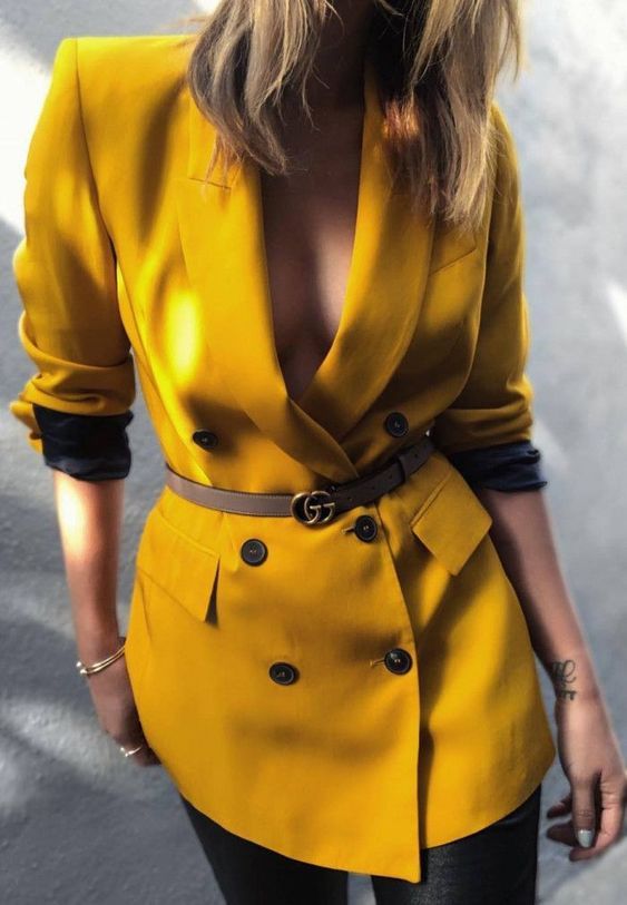 Yellow double breasted button down midi length women blazer spring summer