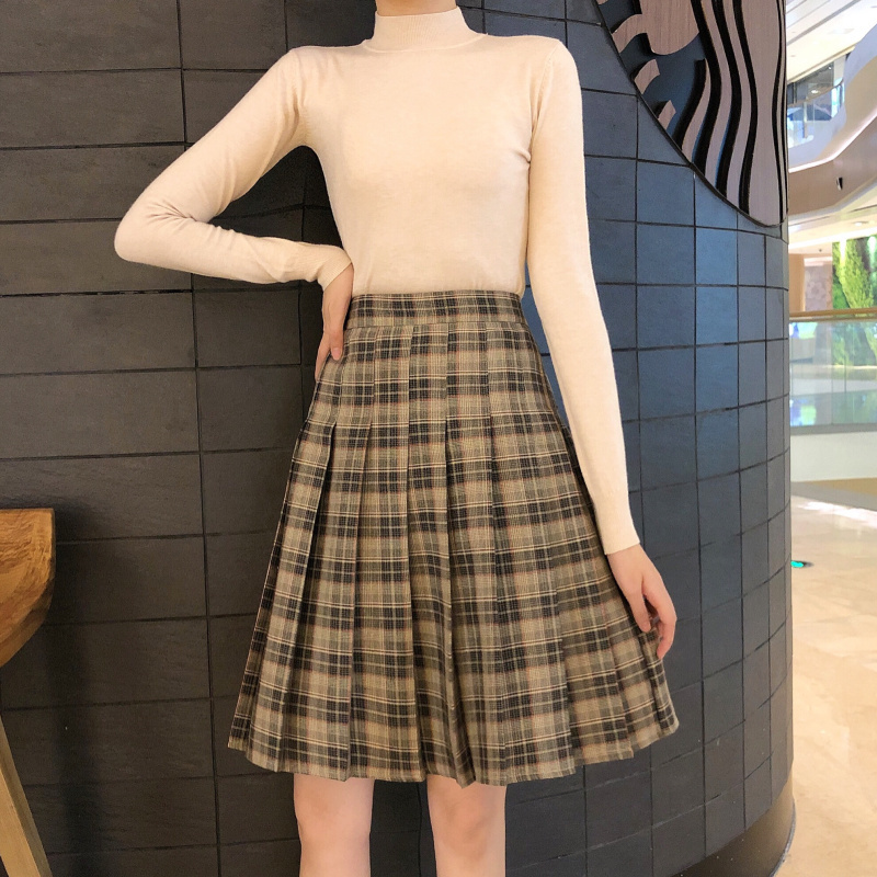 Women Knee Length Plaid Skirt Plus Size Knee Length Full Pleated Plaid