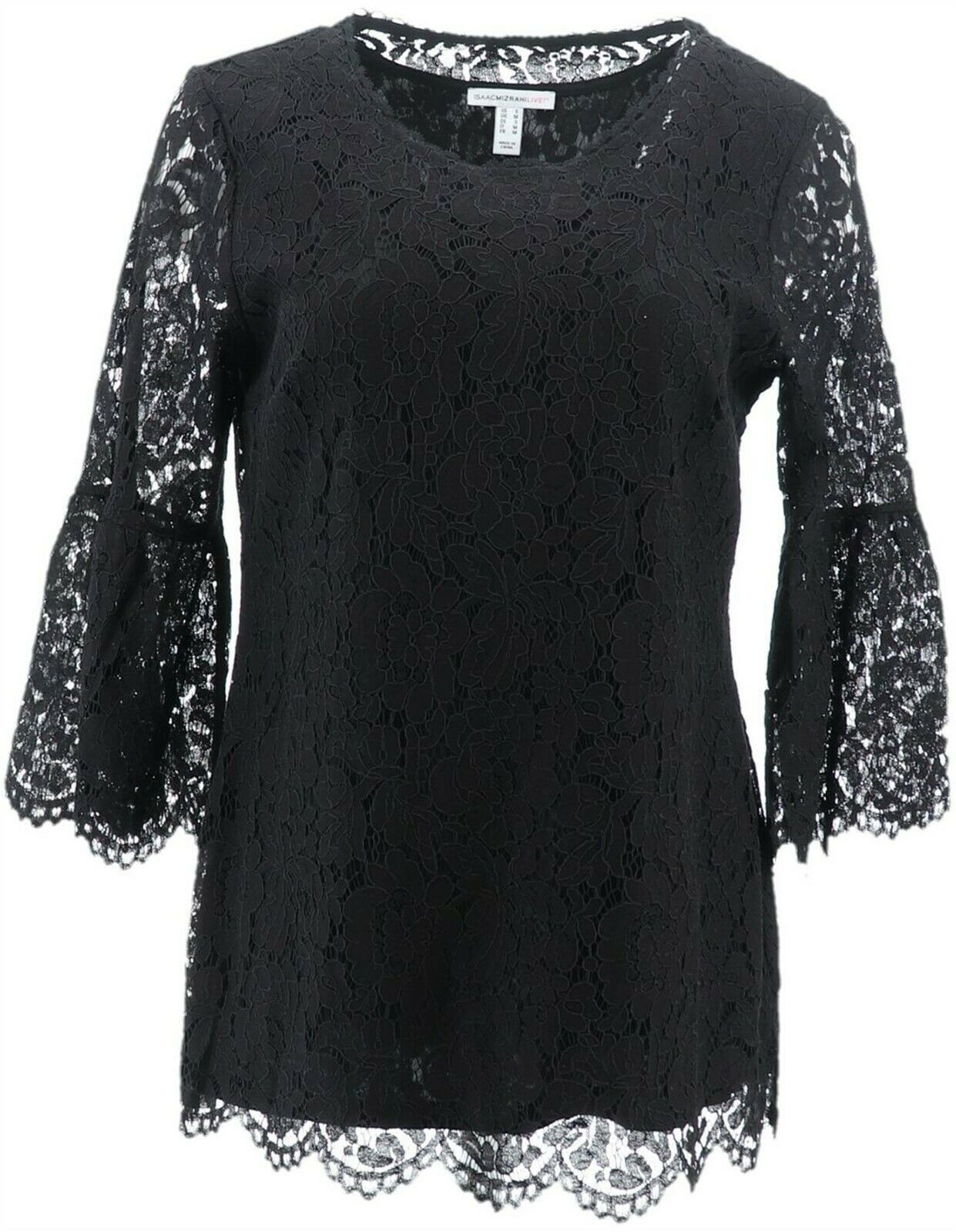 Isaac Mizrahi Floral Lace 3/4 Bell Slv Tunic Black XS NEW A306931