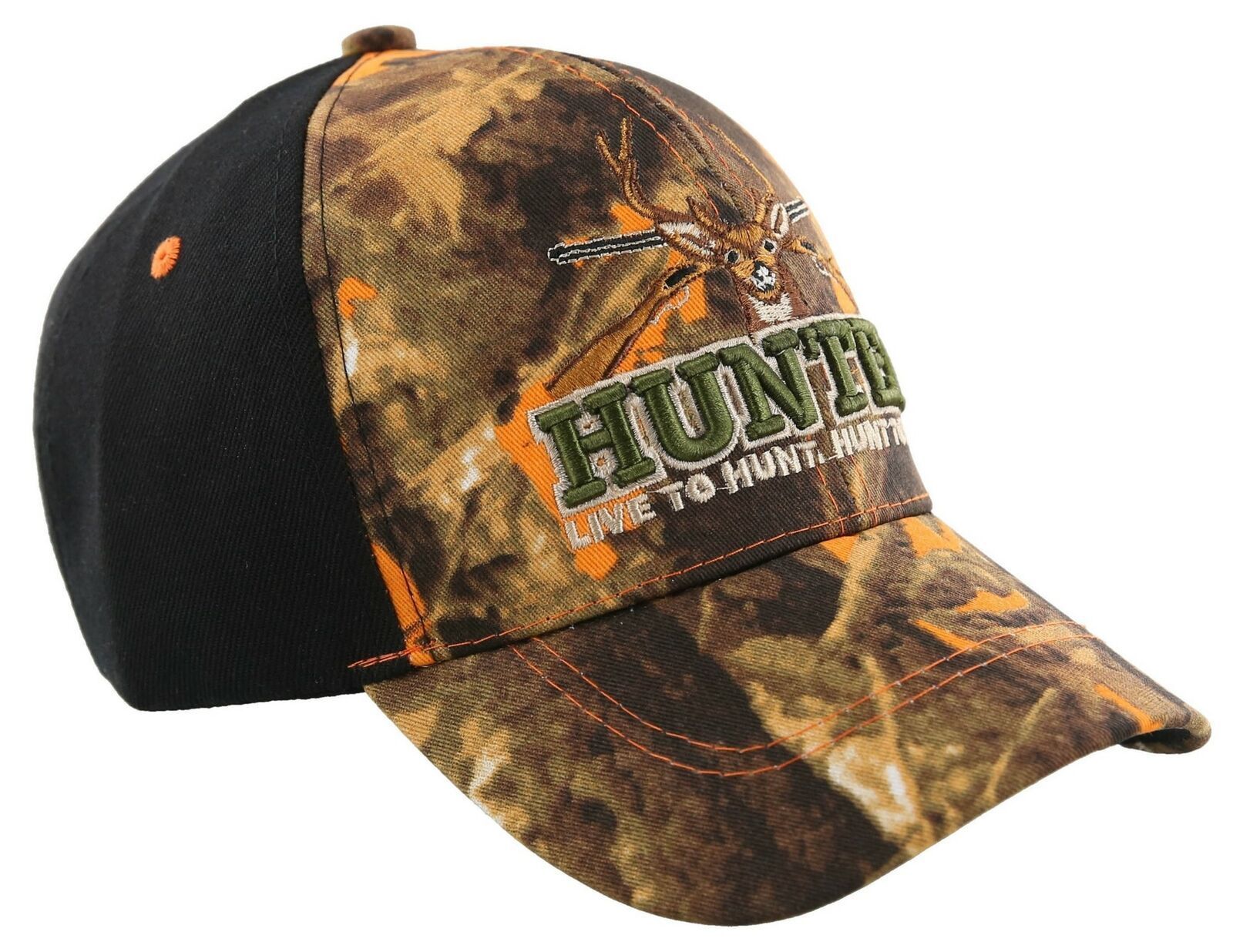 HUNTER LIVE TO HUNT DEER BUCK OUTDOOR SPORTS CAP HAT ORANGE CAMO BLACK