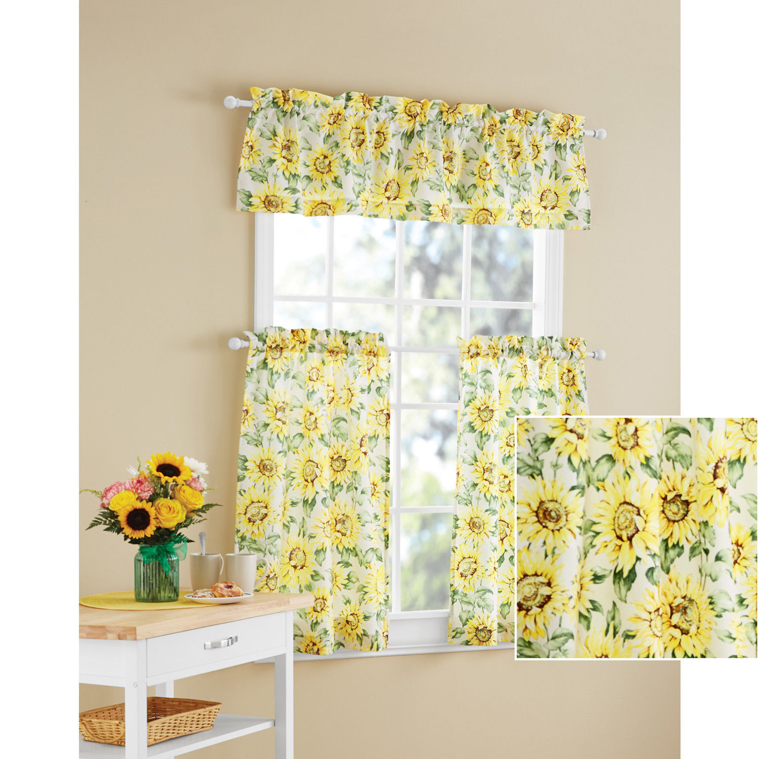 Bright Sunny Yellow Country Sunflowers 3pc Kitchen Curtains Set Valance