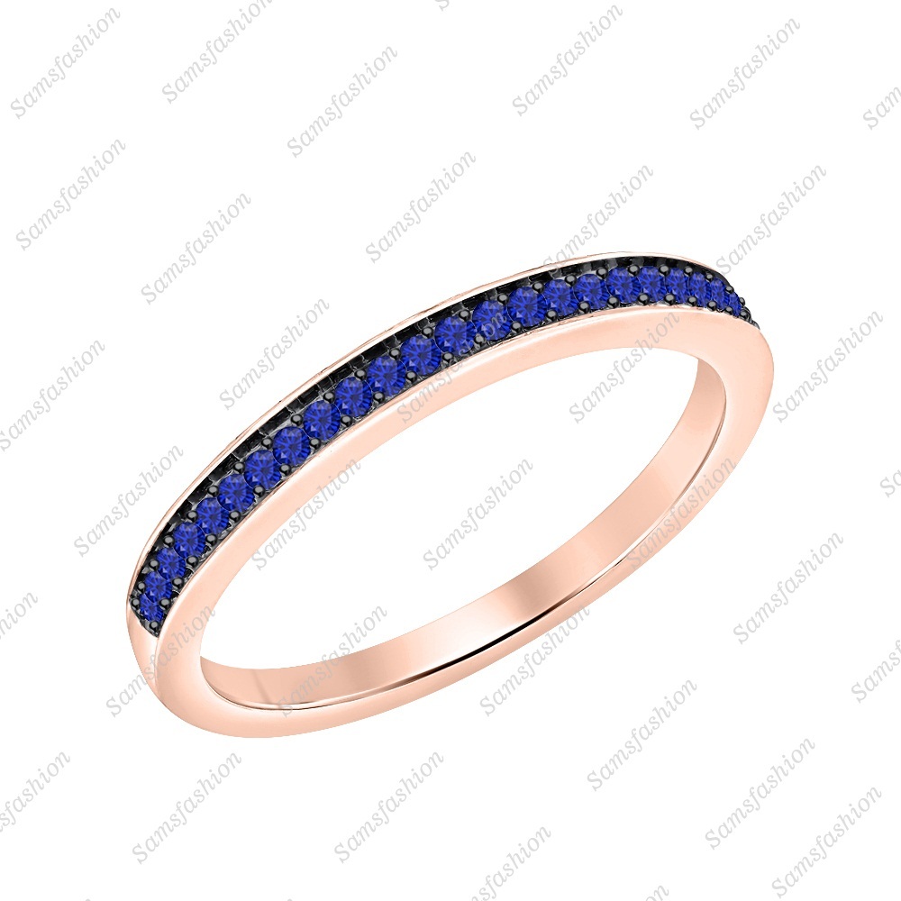14K Rose Gold Over Blue Sapphire Half Eternity Wedding Band Ring For Women's