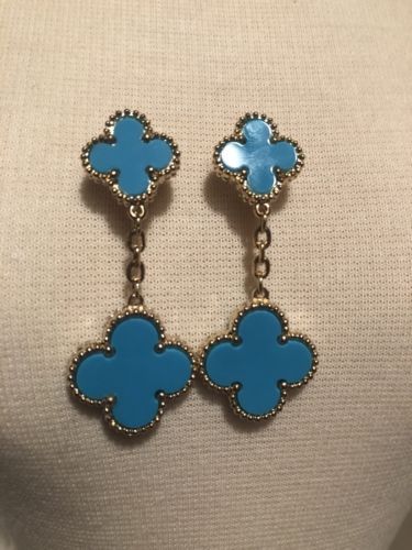 Double Hanging Gold Clover Turquoise Earring