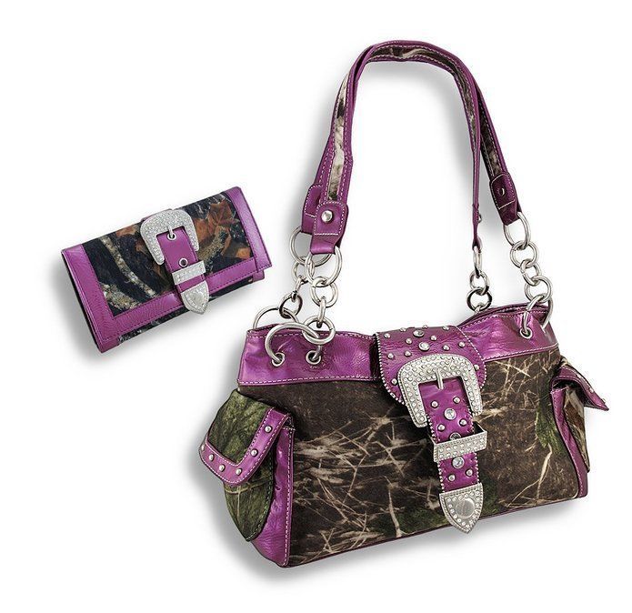 Rhinestone Buckle Concealed carry Camou Handbag with Matching Wallet in 7 Colors