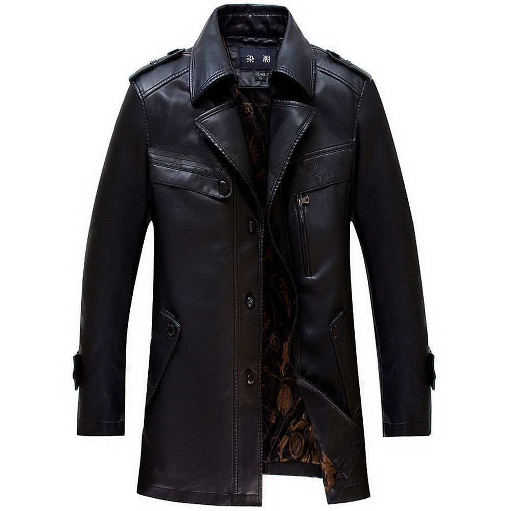Image of MEN LEATHER COAT WINTER LONG LEATHER COAT GENUINE REAL LEATHER TRENCH COAT-UK7