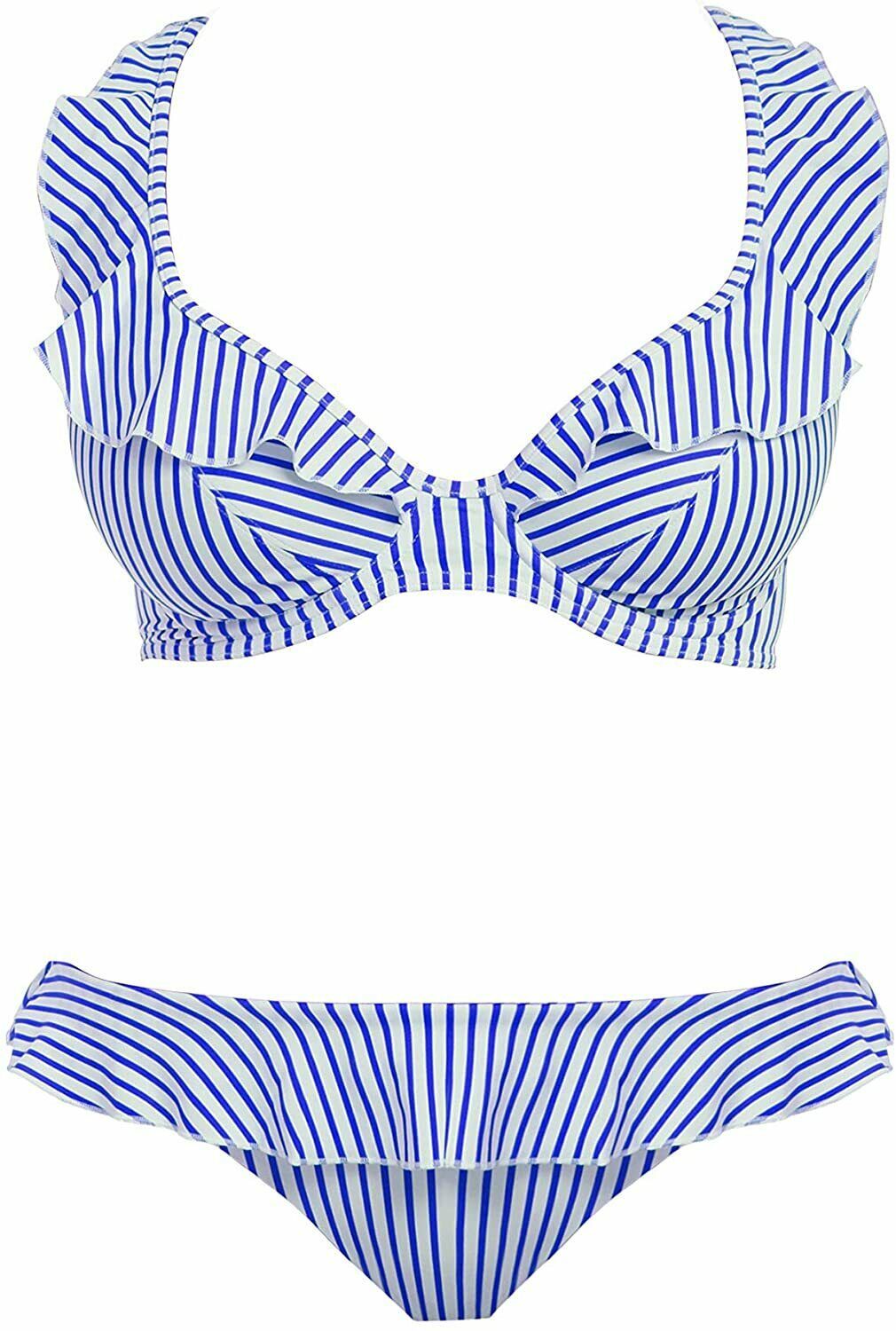 FREYA Cobalt Stripe Totally Ruffled Bikini Swim Top, US 32E, UK 32DD ...