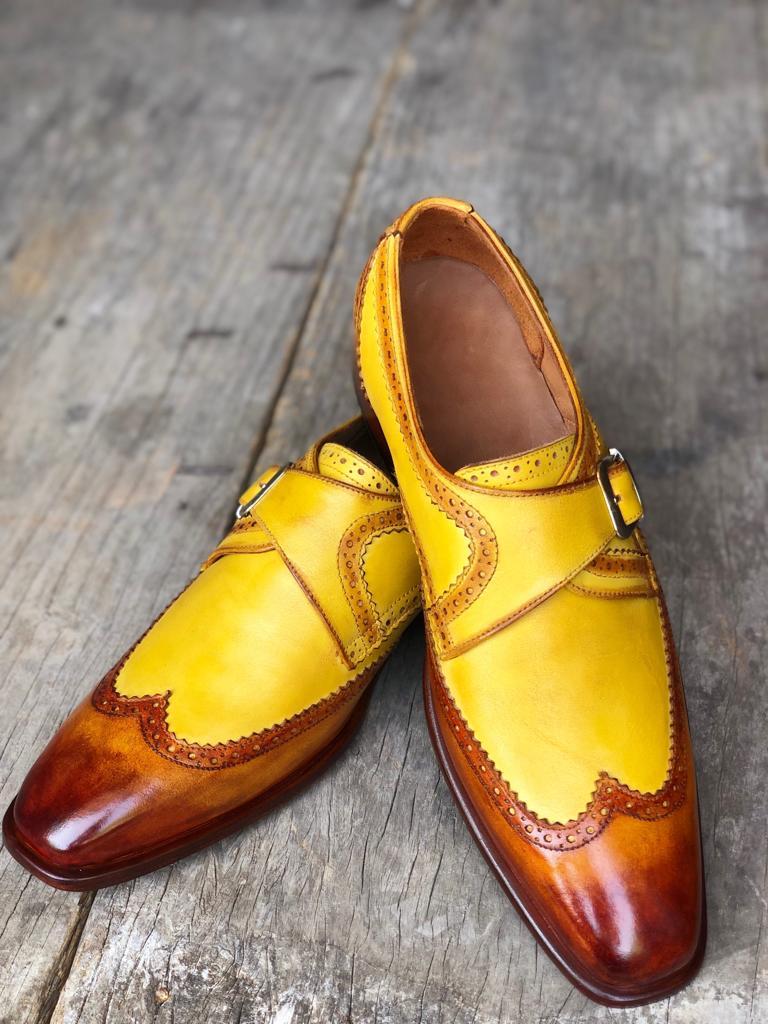 Elegant Handmade Men's Brown & Yellow leather Monk dress shoes,New leather shoes