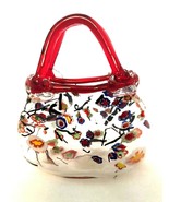 Art Glass Basket Hand Painted Floral Red Handles Mouth Blown 8" Tall - $33.66