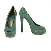 GUCCI Teal Suede Bronze Leather Trim Peep Toe Pumps Sturdy High Heels Shoes 40 - $336.60