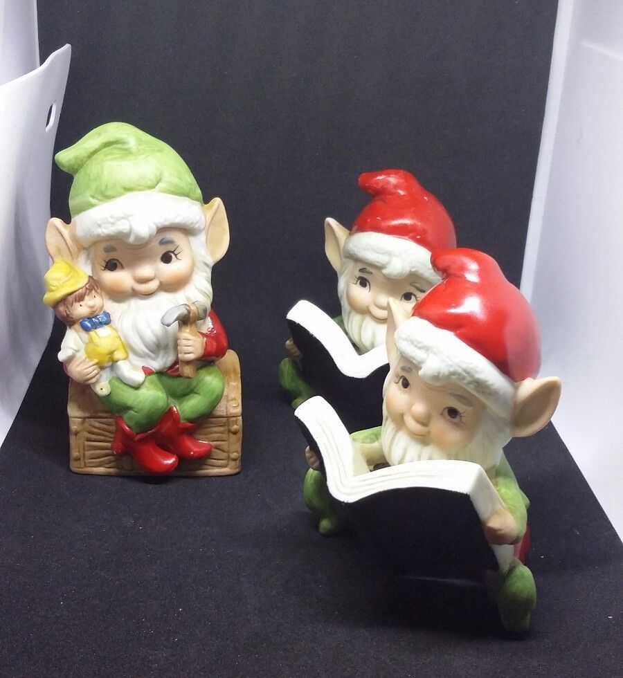 Primary image for Vintage Porcelain HOMCO set 5406 Christmas 3 ELVES Santa's Toy Makers Elf Pixie