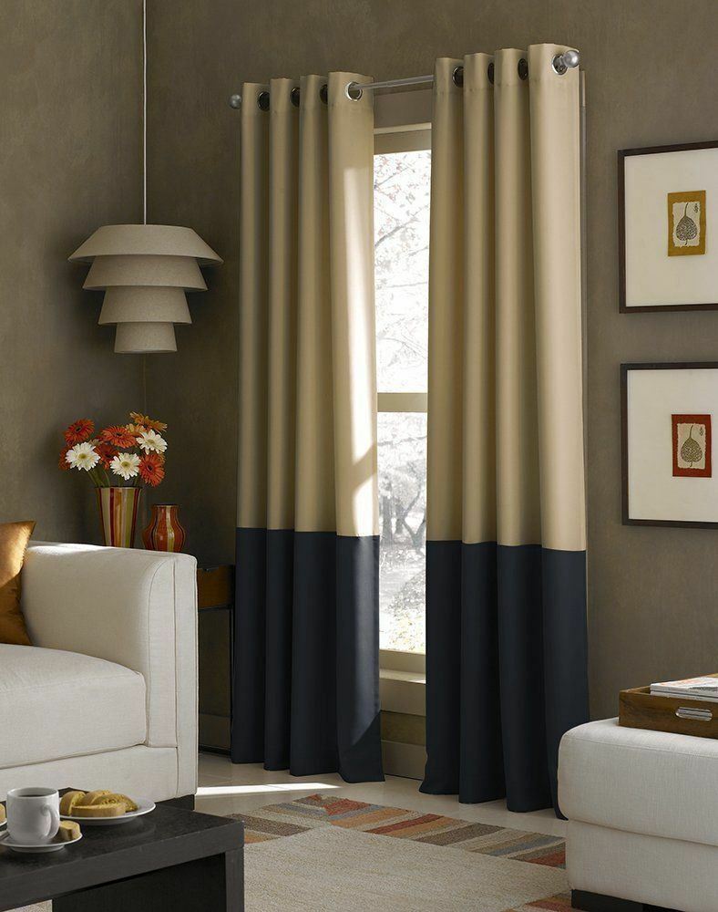 Set 2 Faux Silk Navy Khaki Curtains Panels Drapes 63 84 95 108 120 inch Grommet Curtains
