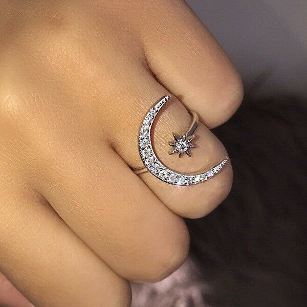 Adjustable Crescent Moon & Star Ring Engagement Ring - 925 Silver Ring - CZ Ring