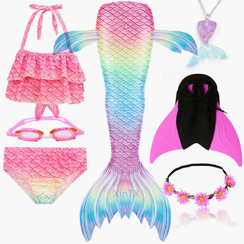 7PCS/Set 2020 NEW Rainbow Color Girls Swimming Mermaid Tail With Monofin Kid Bik