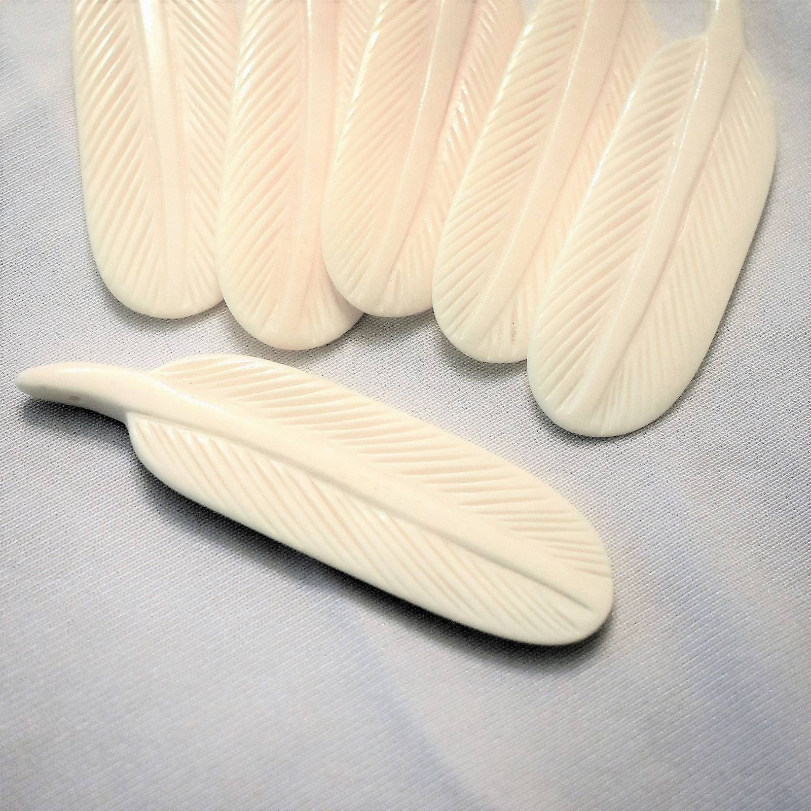 4 Inch Bone Feather Focal Bead, Hand Carved, 10cm Cream White