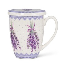 Lavender Print Covered Mug with Strainer 12 oz Bone China 4.5" High Purple Sprig image 2