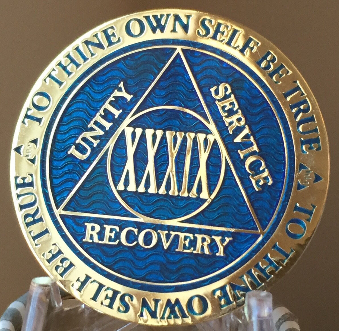 39 Year AA Medallion Blue Gold Plated Alcoholics Anonymous Sobriety Chip Coin