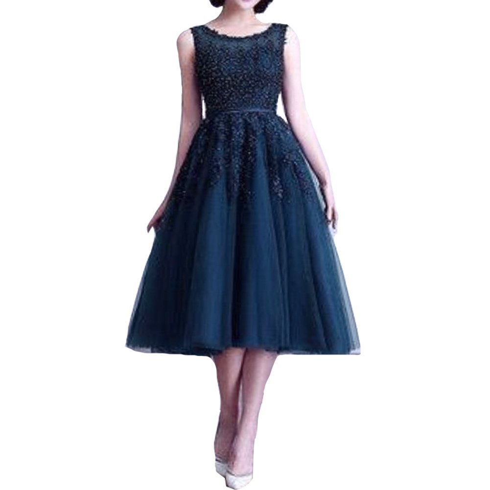 Kivary Sheer Tulle Bateau Tea Length Short Lace Pearls Prom Homecoming Dresses D