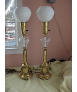 2 Vintage Ornate Brass Glass Buffet Sideboard Table Mantle Lamps White G... - $148.49