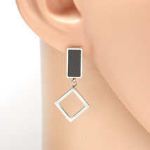 Silver Tone Drop Earrings, Jet Black Inlay & Dangling Geometric Accent - $23.99