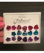 NEW 9 Pairs of Earrings on a Card Hearts &amp; Stars Pink Purple - Missing 1... - £1.18 GBP