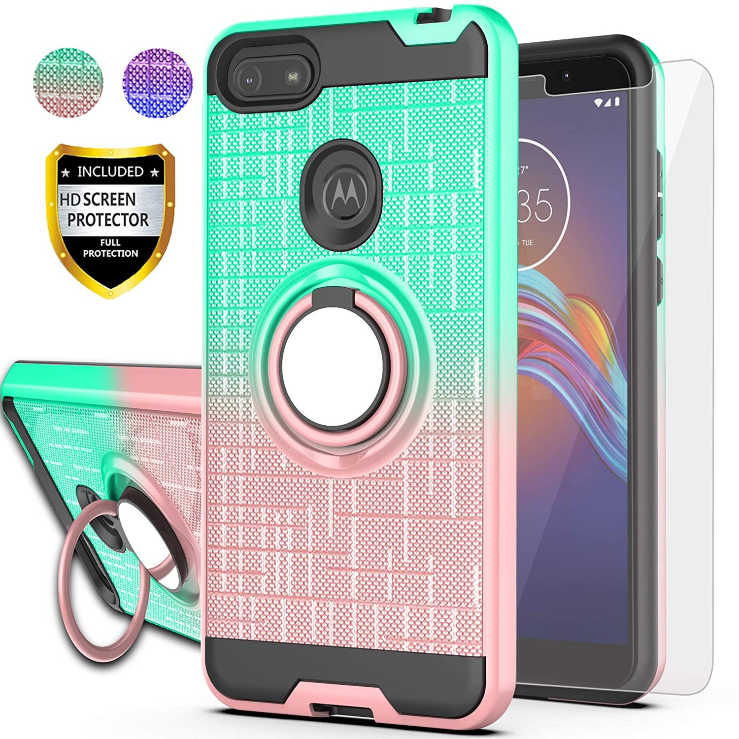 AYMECL Moto E6 Play Case with HD Screen Protector, Ring Holder Gradient Dual Lay