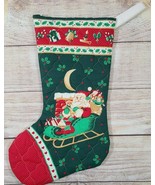 Vintage Quilted Christmas Stocking Santa Sleigh Holly Berries 18&quot; - $19.39
