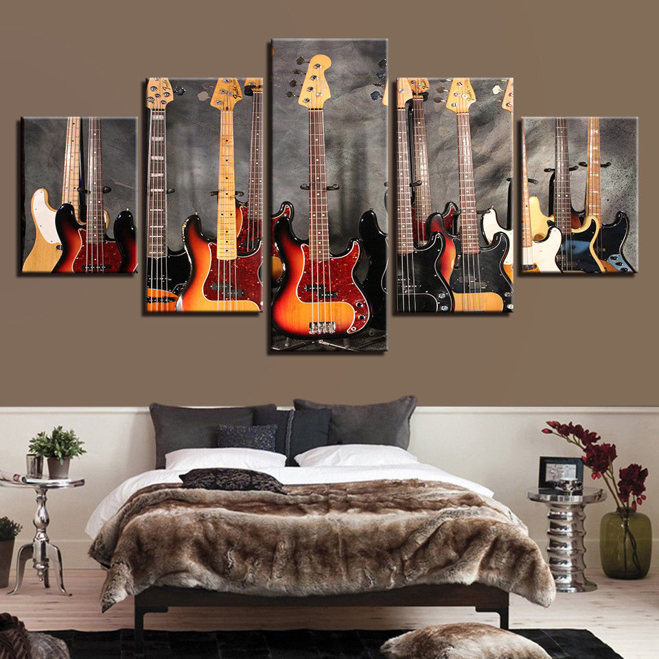 Framed 5 Panels Bass Guitars Music Instrument Canvas Art Wall Art Home