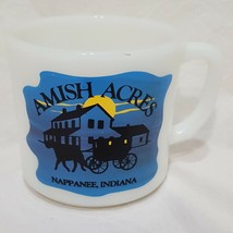 Amish Acres Coffee Mug 8 oz Cup Milk Glass Nappanee Indiana USA Blue Bla... - $14.99