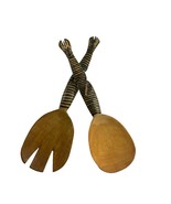 Wooden Hand Carved Kenya Zebra Salad Servers Tongs Spoon Fork African Ar... - $18.81