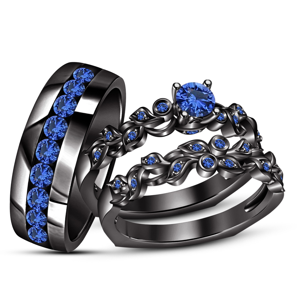 Blue Sapphire Wedding Band Engagement Ring Trio Set Black Gold Plated ...