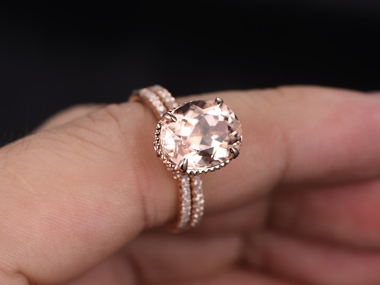 8x12mm Oval Morganite & Diamond Wedding Curved Halo Ring Set 14K Rose Gold Over