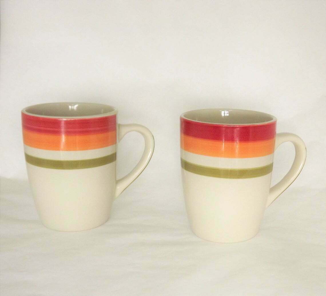 Set of 2 Large Rainbow Striped Coffee Mug, vintage Ceramic Stoneware Cups - $21.78