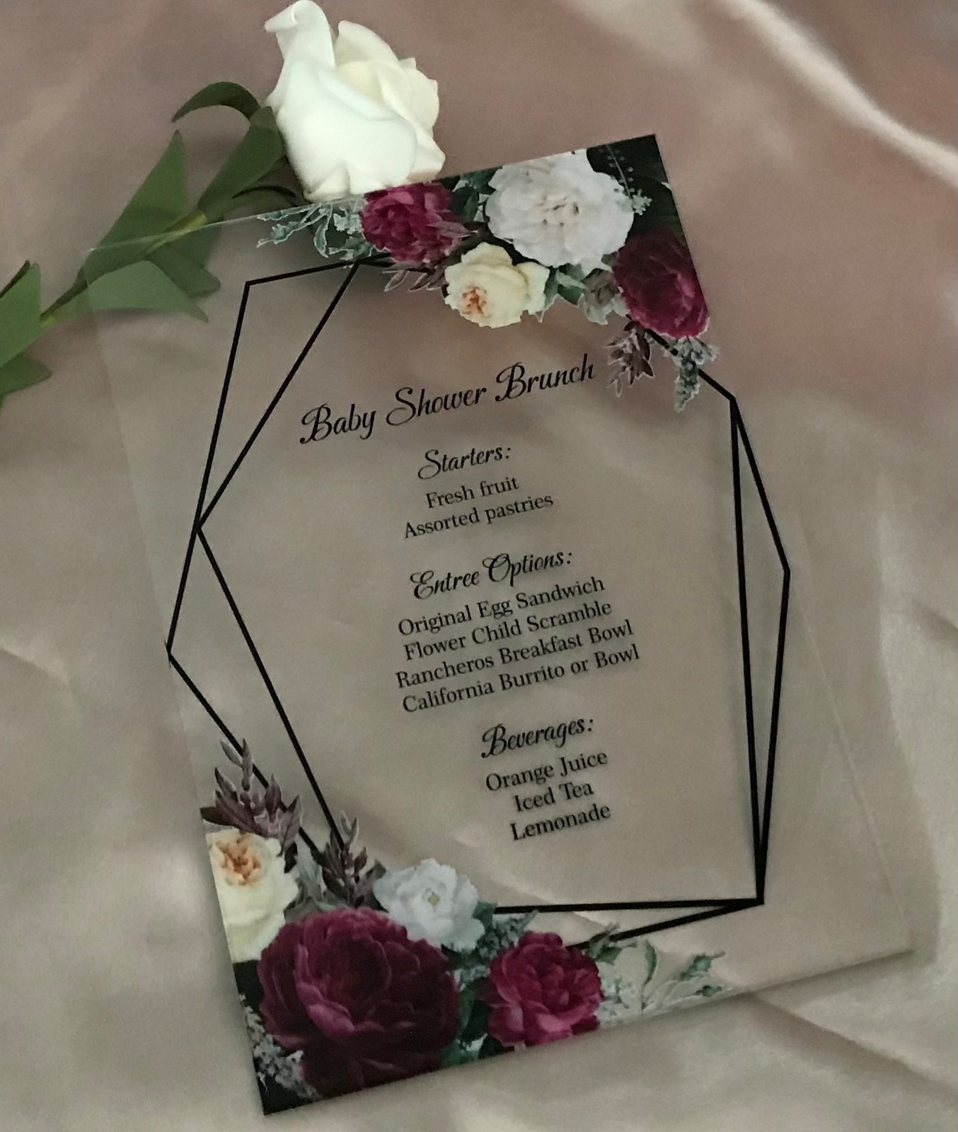 Burgundy Red,White Rose Acrylic Wedding Invitation,Custom 10pcs Acrylic Invite