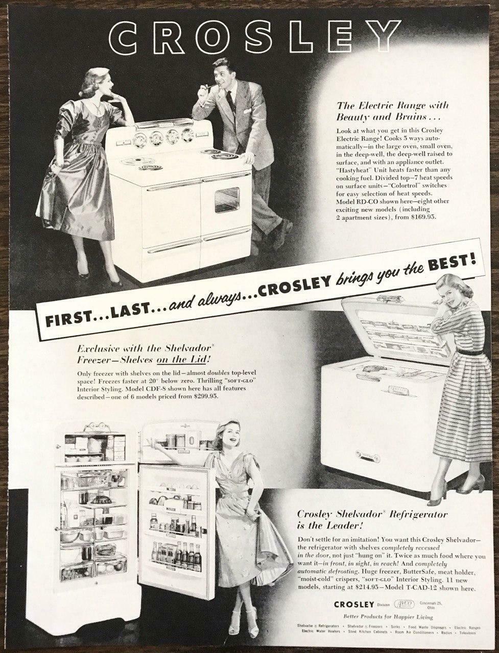 1952 Crosley Appliances PRINT AD Electric Range Shelvador Freezer